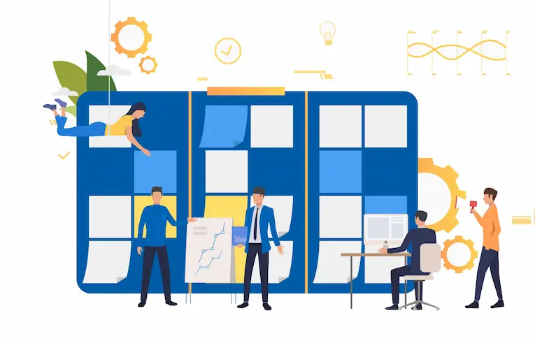 Employees working on project. Kanban board, presentation, computer, megaphone. Business concept. Vector illustration can be used for topics like agile project management, teamwork, startup Employees working on project. Kanban board, presentation, computer, megaphone. Business concept. Vector illustration can be used for topics like agile project management, teamwork, startup
